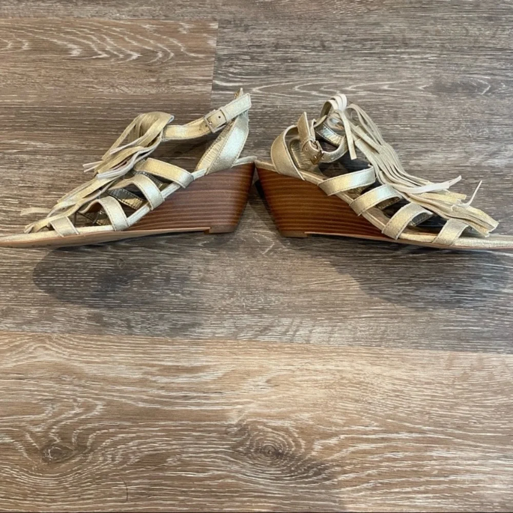 Sam Edelman Gold Fringe Strappy Wedge Sandals